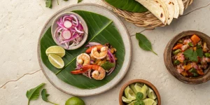 Authentic Mexican shrimp tacos and fresh ceviche on a plate in Cancun.