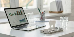 Laptop with growth marketing data on a desk with dental tools for the best growth marketing course.