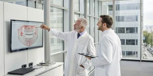 Dentists analyze x-rays during an advanced implant mentoring session.