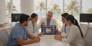 Dentists discussing a Cancun implant training experience in a clinical education setting