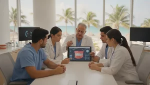 Dentists discussing a Cancun implant training experience in a clinical education setting