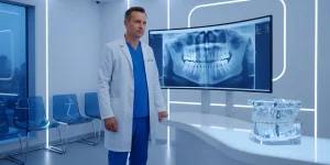 Dentist reviewing a CBCT scan for dental implant planning
