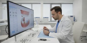 Restorative dentist evaluating dental implant abutments