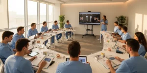 Dentists reviewing dental implant CE requirements in a clinical classroom