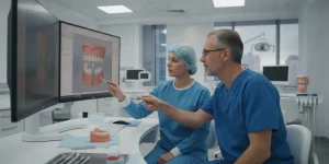 Dentist reviewing an implant case with a clinical mentor