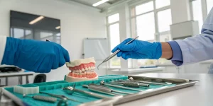 Hands-on bone grafting training for dentists using a jaw model and specialized dental instruments.