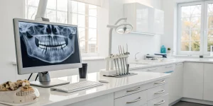 A dentist planning a dental implant in CBCT software to create a surgical guide.