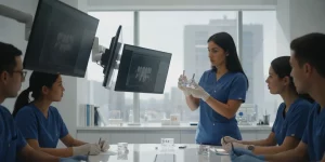 Dentist studying peri-implantitis prevention with an implant model