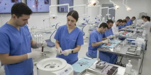 Dentists learning platelet-rich fibrin techniques in a hands-on implant dentistry course