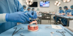 Clinician demonstrating soft tissue management around a dental implant model