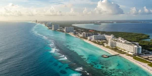 Aerial view of the Hotel Zone in the city of Cancun, Mexico, with its turquoise sea and resorts.