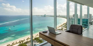 A professional's workspace overlooking the turquoise ocean and Hotel Zone in the city of Cancun.