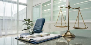 Legal and ethical issues in managing a dental practice with scales of justice.