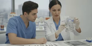 Dentists discussing zygomatic implant planning during hands-on training