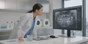 Dental professional reviewing a 3D CBCT scan for full-arch implant treatment planning in a modern clinic