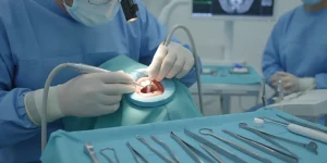 Dental implant surgery in the anterior esthetic zone showing precise implant placement and soft tissue management in a clinical setting