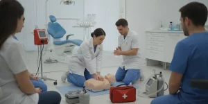 Dental professional practicing CPR on a mannequin during training