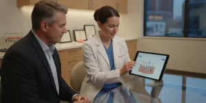 Dental implant marketing consultation in a modern dental office