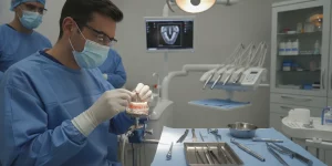 Dental implant being placed in a jawbone model in a professional dental operatory