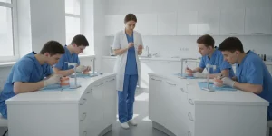 Dental surgeon instructing a small group of dentists at training workstations in a modern clinical classroom