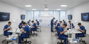 Dental professionals training on implant placement in a clinical setting