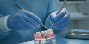 Dental surgeon performing suturing on a dental implant surgical model in a clinical setting