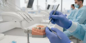 Dentist practicing suturing on a dental surgical model