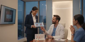 Professional dental implant sales representative consulting with a dentist in a modern dental office