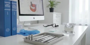 Implant dentistry equipment and clinical reference guides on a modern desk setup