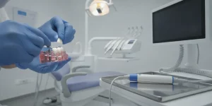 Dentist placing a ceramic crown on a dental implant model
