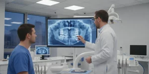 A professional dentist examining a 3D dental CBCT scan in a modern office