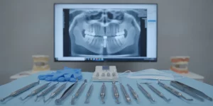 A clinical setup with sterile dental instruments in the foreground and a CBCT scan screen in the background