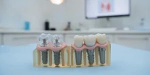 Clinical dental implant model displaying screw-retained and cement-retained implant crowns