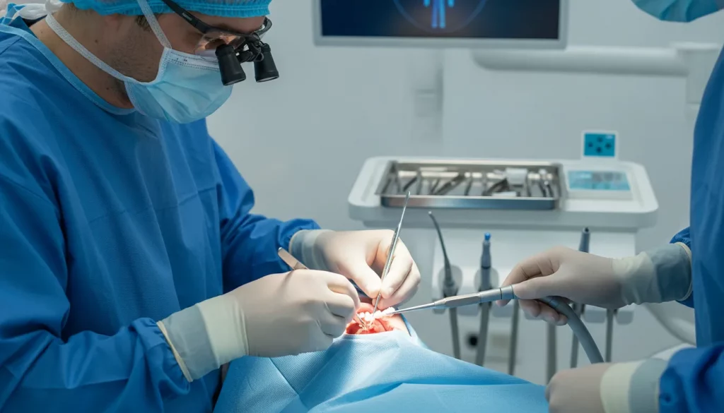 Oral surgeon performing advanced ridge augmentation in a modern dental operatory