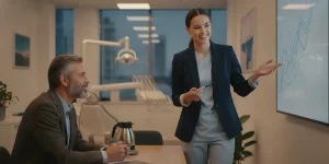 Dentist practice owner reviewing practice finances with a colleague in a modern dental office
