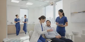 Dentist consulting with a patient in a bright modern dental operatory