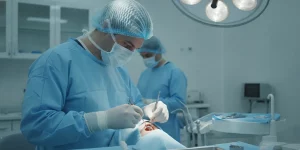 Oral surgeon performing bone grafting during dental implant surgery