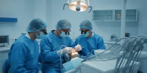Dental surgeon mentoring students during a live implant surgery procedure