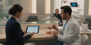 Dental practice office manager and dentist reviewing implant treatment options and insurance documentation