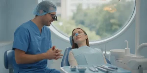 Dentist speaking calmly to a patient in a modern dental operatory with nitrous oxide delivery equipment
