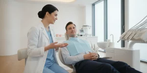 General dentist consulting with an adult patient in a bright modern dental operatory
